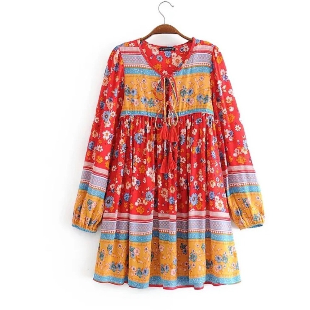 R.Vivimos Red Floral Boho Mini Dress Long Sleeve Tassel V-Neck Size S 4/6